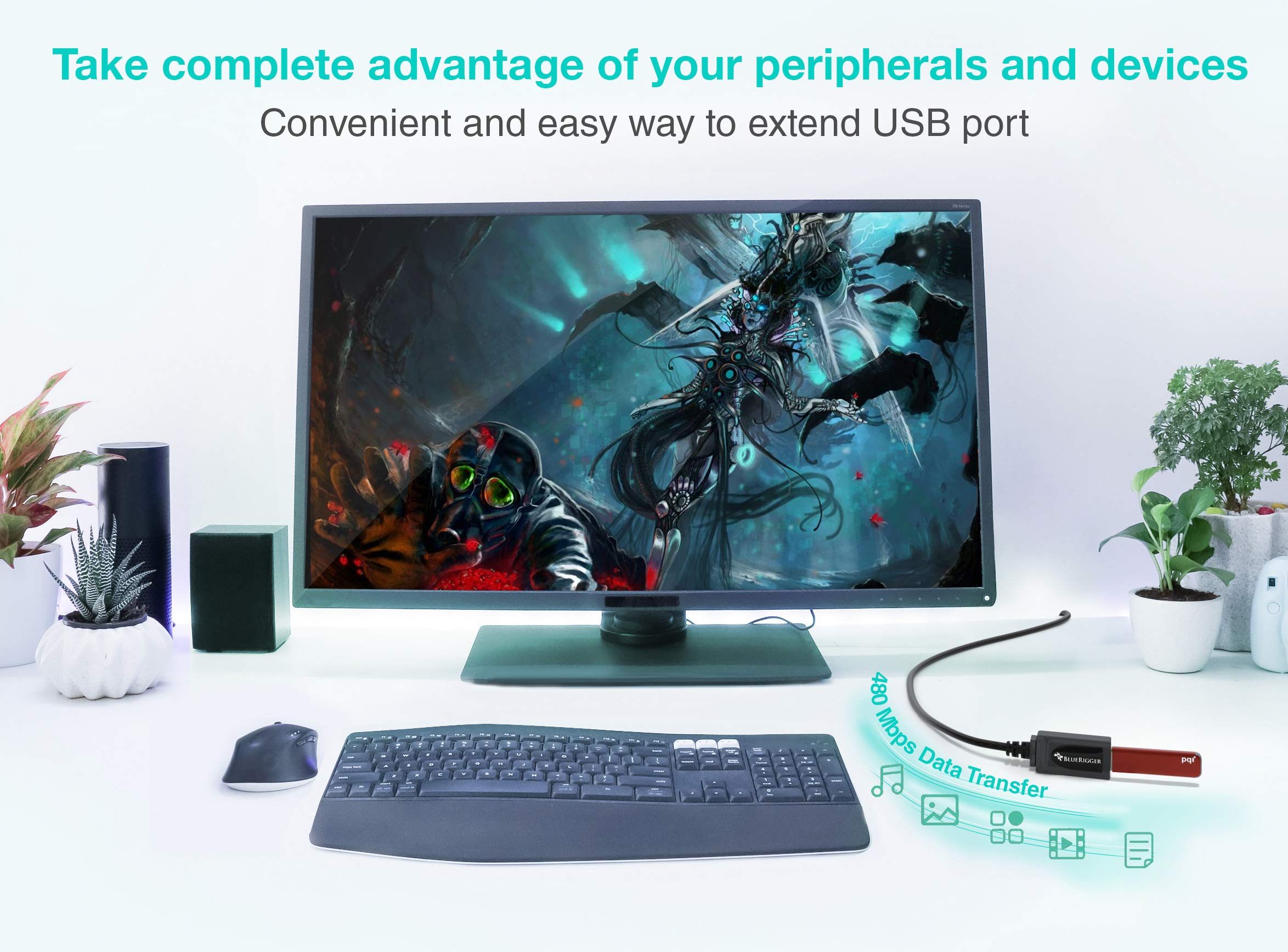 Bluerigger Usb Extension Cable (25Ft/7.5M, Long Active Usb2.0 Extender, Male To Female Repeater, Data Transfer Cord)  For Game C